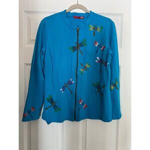Raffi Zip Up Jacket Rayon Nylon Turquoise Dragonfly Whimsical Art to Wear Small